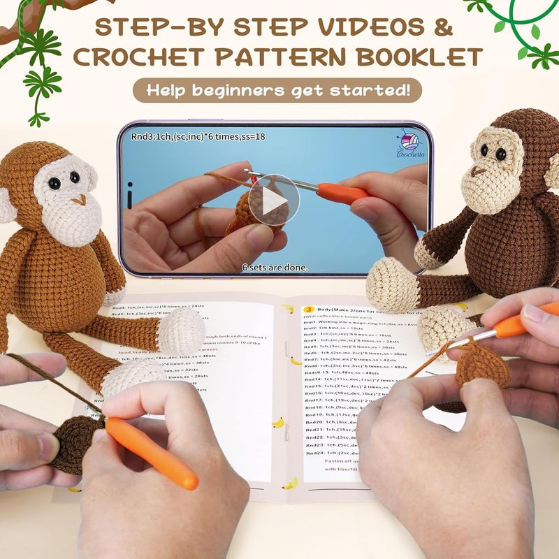 Crochetta Crochet Kit for Beginners, Crochet Kits with Step-by-Step Video Tutorials, Learn to Crochet Animal Kit for Adults, DIY Craft Knitting Supplies, Monkey Amigurumi Gift(40%+ Yarn) - Image 3